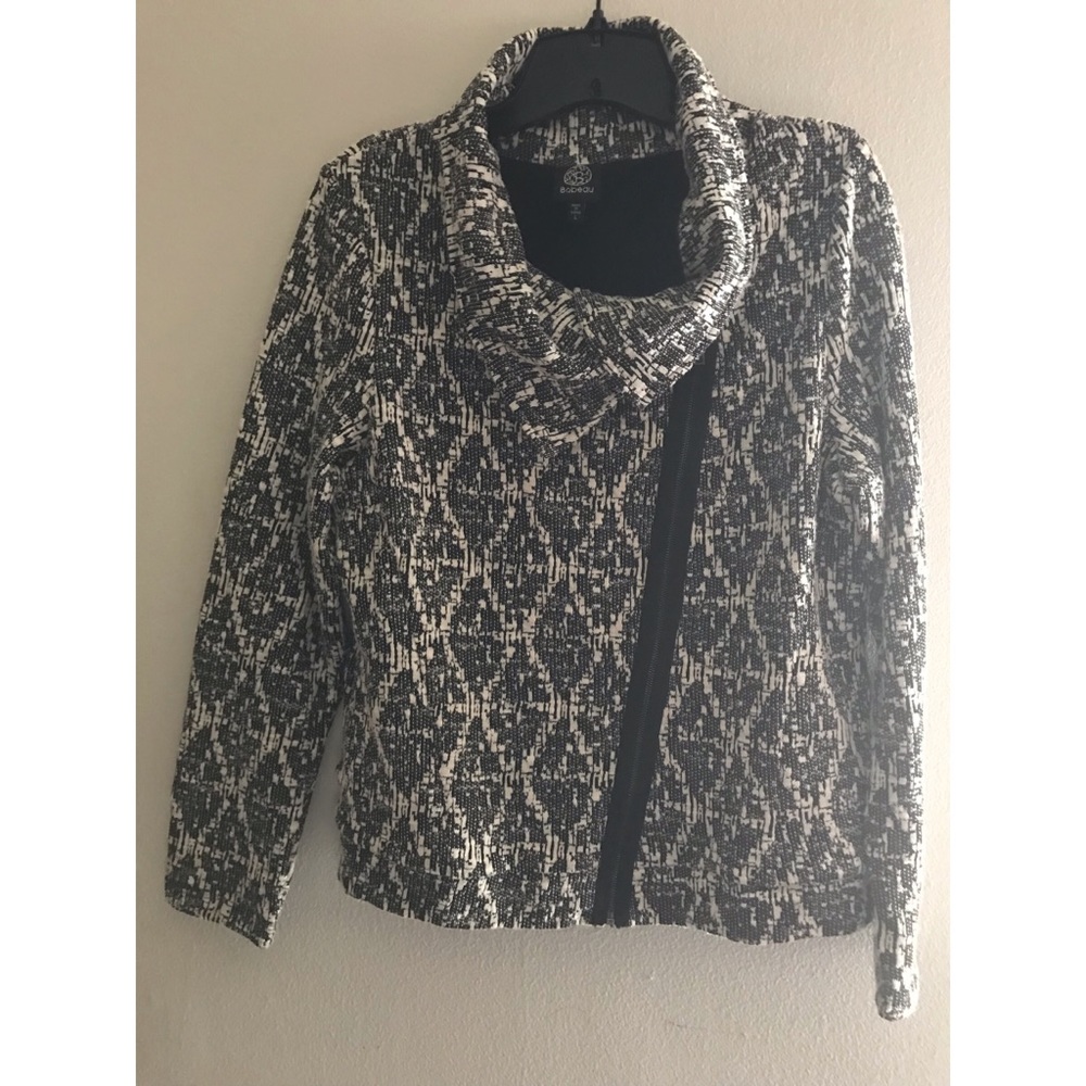 Bobeau Large Zip Up Jacket Sweater Black/White